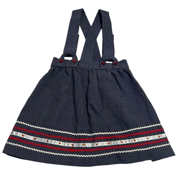 Vintage Girls Denim Suspender Skirt Strawberry Trim Heart Buttons - Picture 1 of 5